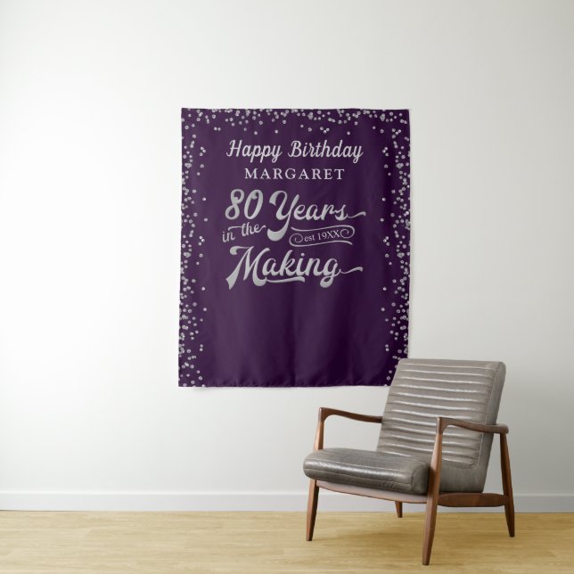 80th Birthday Backdrop Purple Silver Confetti Tapestry (In Situ)