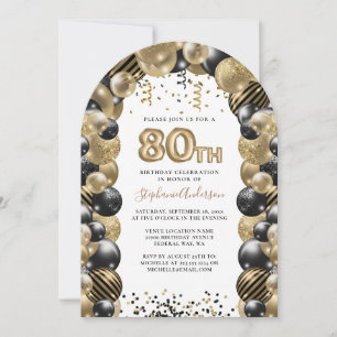 80th Birthday Balloon Gold Black Sparkle Invitation