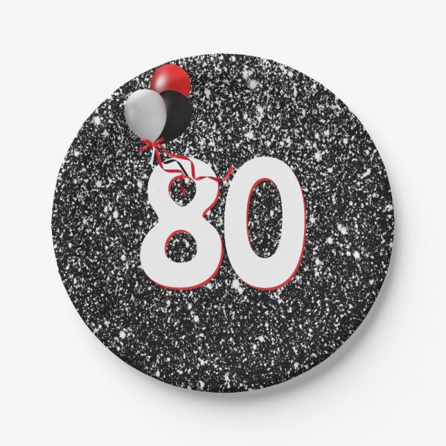 80th Birthday Balloons on Black Glitter Paper Plate (Front)