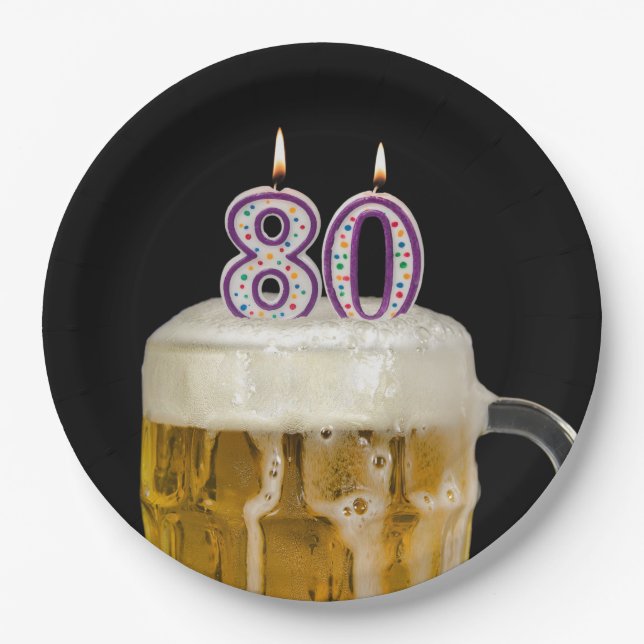 80th Birthday Beer on black Paper Plate (Front)