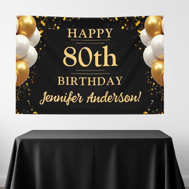 80th Birthday Black and Gold Celebration Banner (Creator Uploaded)