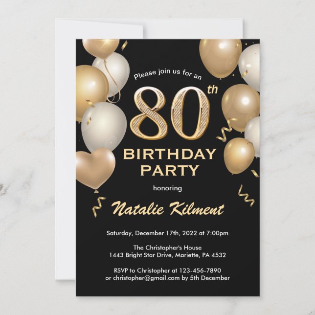 80th Birthday Black and Gold Glitter Balloons Invitation (Front)