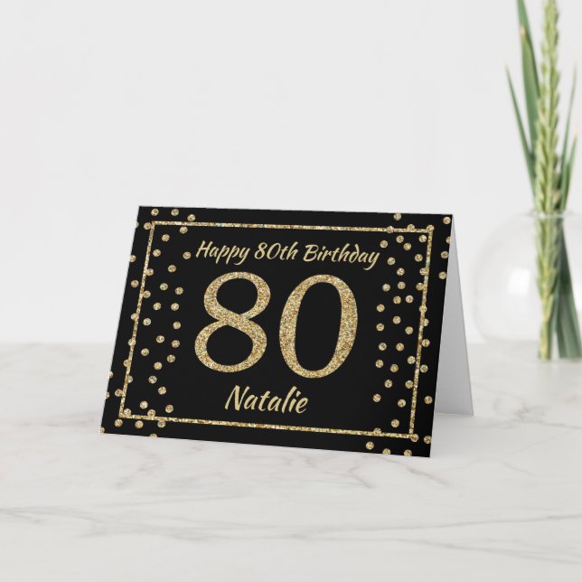 80th Birthday Black and Gold Glitter Confetti Card (Front)