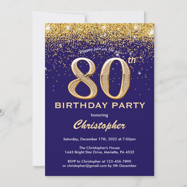 80th Birthday Black and Gold Glitter Confetti Invitation (Front)