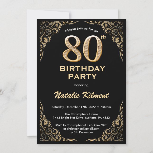 80th Birthday Black and Gold Glitter Frame Invitation (Front)
