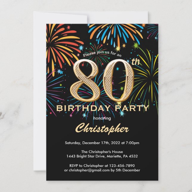 80th Birthday Black and Gold Rainbow Fireworks Invitation (Front)