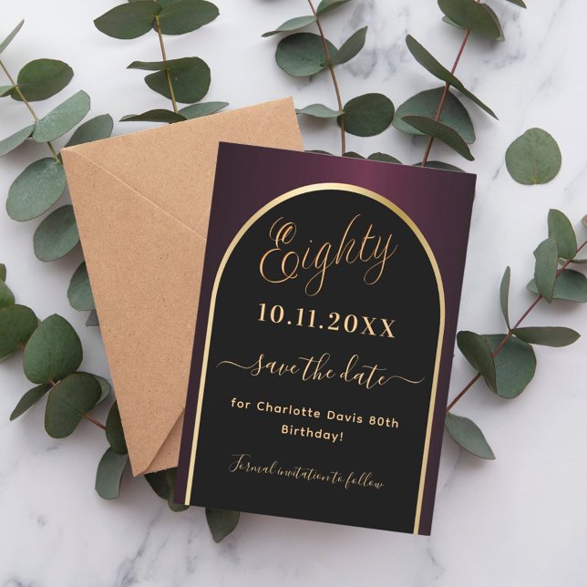 80th birthday black burgundy gold arch save the date (Creator Uploaded)