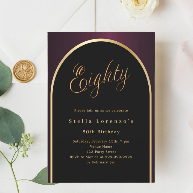 80th birthday black burgundy gold arch script invitation (Creator Uploaded)
