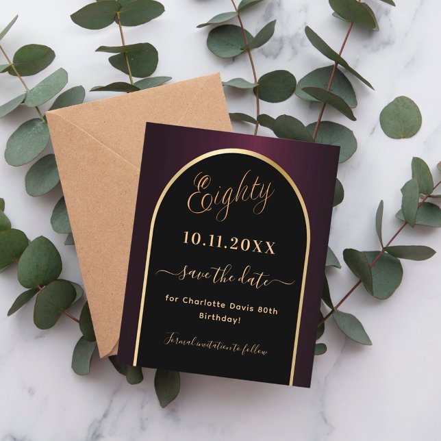 80th birthday black burgundy save the date card (Creator Uploaded)
