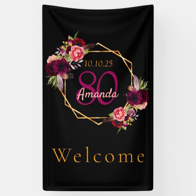 80th birthday black floral gold geometric burgundy banner (Vertical)