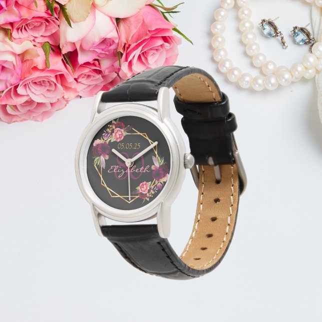 80th birthday black floral gold geometric burgundy watch (Creator Uploaded)