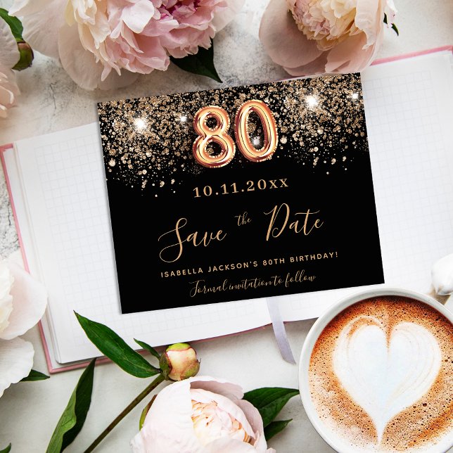 80th birthday black glitter save the date card (Creator Uploaded)