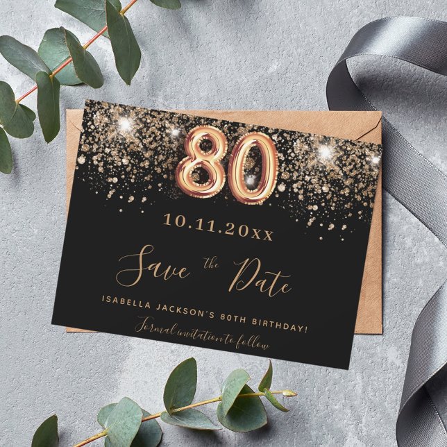 80th birthday black glitter save the date magnet (Creator Uploaded)