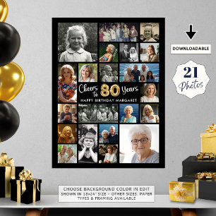 80th Birthday Black Gold 21 Photo Cheers to Years Poster