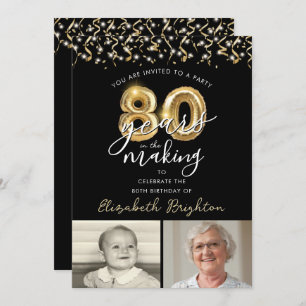 80th Birthday Black Gold 2 Photos Balloons Invitation
