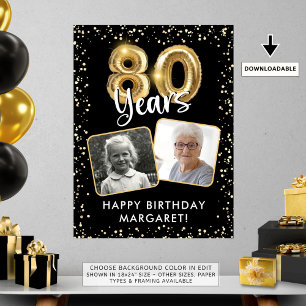 80th Birthday Black Gold Balloon Confetti 2 Photos Poster