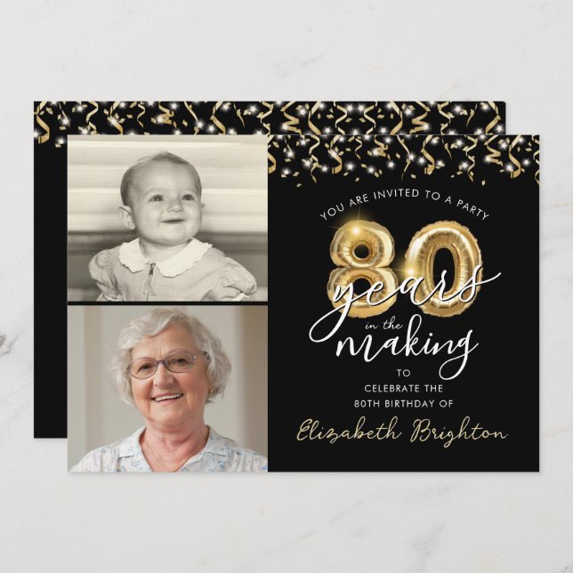 80th Birthday Black Gold Balloons 2 Photos Invitation (Front/Back)