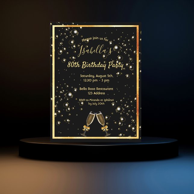 80th birthday black gold bubbles invitation postcard (Creator Uploaded)