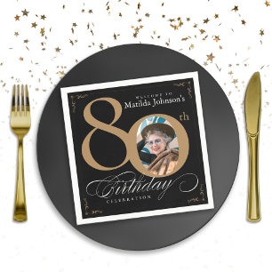 80th Birthday Black Gold Calligraphy Custom Photo Napkin