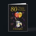 80th Birthday Black Gold Celebration Card<br><div class="desc">Happy birthday 80th age card. This bright card features an ice bucket with bottle of sparkling wine, flute glasses balloons, and confetti all on a black background with gold coloured text. Can be customise for any age and title then personalise by amending the name and the message inside which currently...</div>