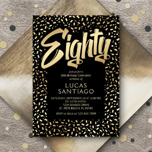 80th Birthday Black Gold Confetti Invitation