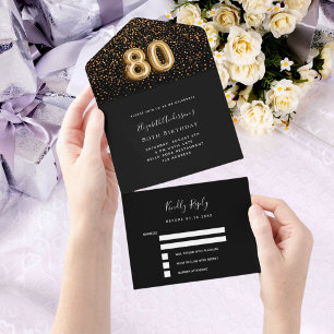 80th birthday black gold confetti rsvp all in one invitation