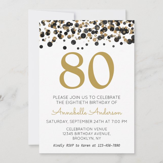 80th Birthday Black Gold Glitter Sparkle Confetti Invitation (Front)