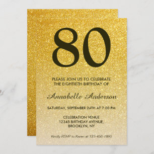 80th Birthday Black Gold Glitter Sparkle Ombre Invitation