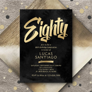 80th Birthday Black Gold Invitation
