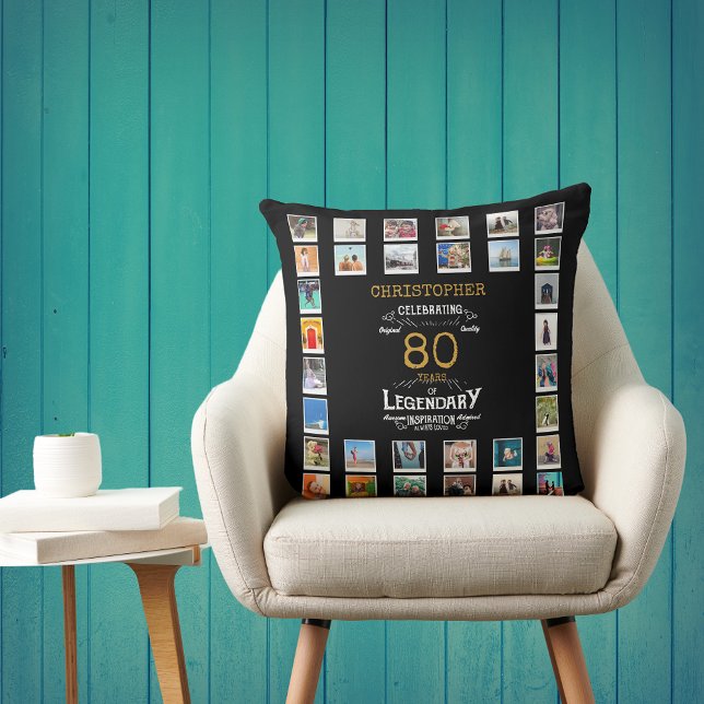 80th Birthday Black Gold  Legendary Photo Cushion (Personalized 80th birthday gift throw pillow with 32 photos of your choice)