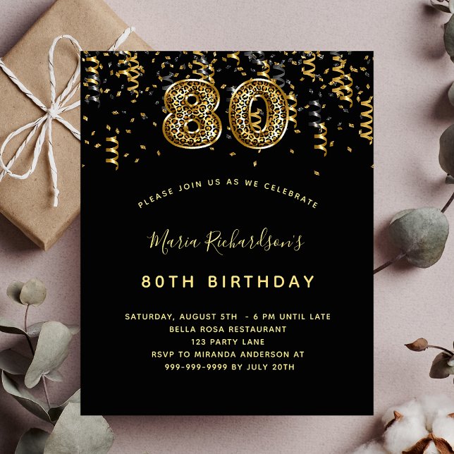 80th birthday black gold leopard budget invitation flyer (Creator Uploaded)