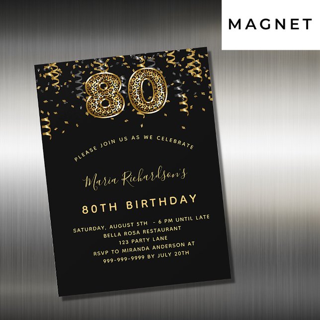 80th birthday black gold leopard print luxury magnetic invitation (Creator Uploaded)