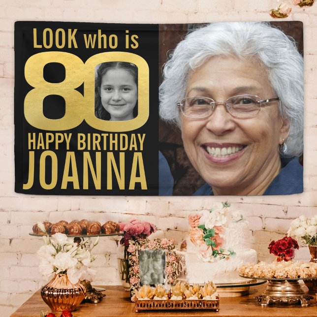 80th birthday black gold look 80 photo now then banner (Creator Uploaded)