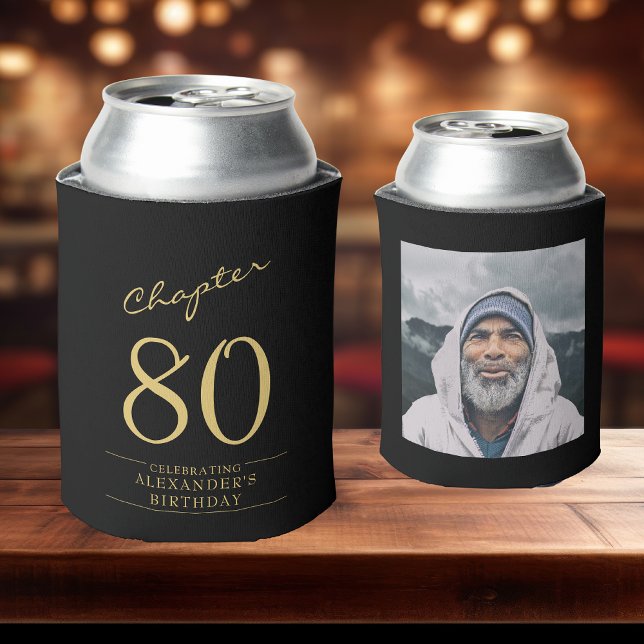 80th Birthday Black Gold Photo Can Cooler (80th birthday custom can coolers on a bar)