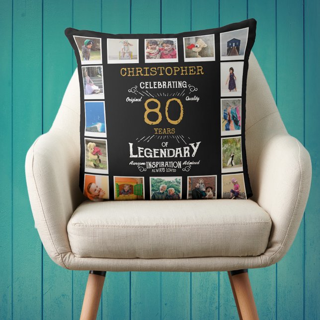 80th Birthday Black Gold Photo Collage Cushion (Personalized 80th birthday gift throw pillow with 16 photos of your choice.)