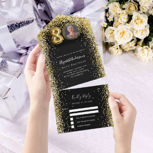 80th birthday black gold photo rsvp all in one invitation