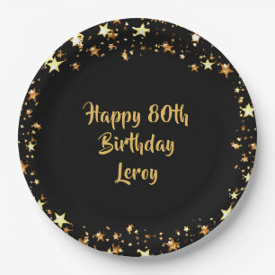 80th Birthday Black Gold Stars Name Paper Plate