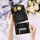 80th birthday black gold stars photo rsvp all in one invitation<br><div class="desc">A black background,  decorated with golden stars and a large number 80 in faux gold.  Personalise and add a photo,  name,  party details,  RSVP date,  return address and name.</div>