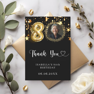 80th birthday black gold stars photo thank you card