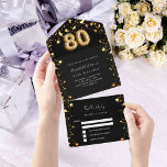 80th birthday black gold stars rsvp all in one invitation<br><div class="desc">A black background,  decorated with golden stars and a large number 80 in faux gold.  Personalise and add a name,  party details,  RSVP date,  return address and name.</div>