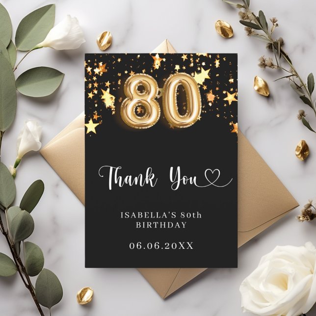 80th birthday black gold stars thank you card (Creator Uploaded)