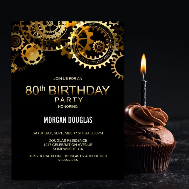 80th Birthday Black Gold Steampunk Watch Gears Invitation (Creator Uploaded)