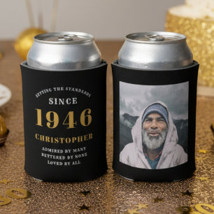 80th Birthday Black Gold With Photo Can Cooler