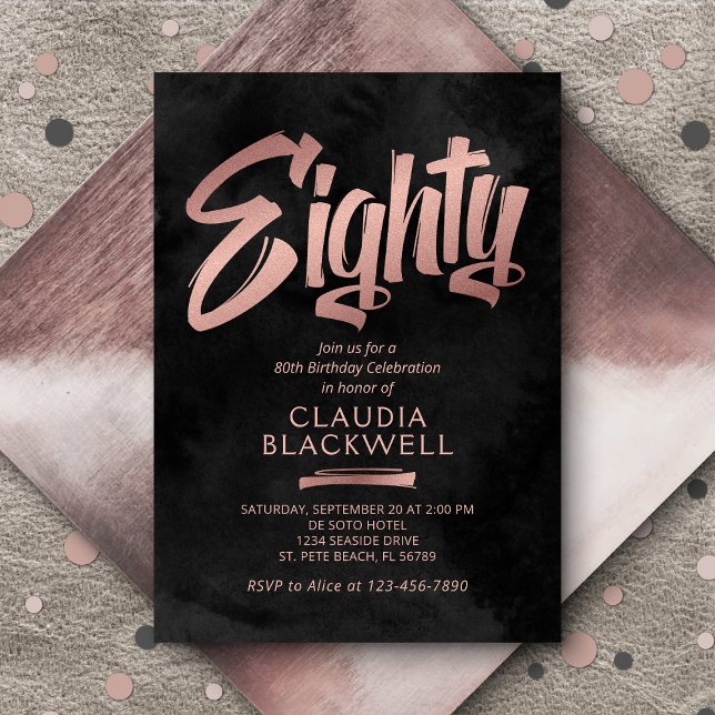 80th Birthday Black Rose Gold Invitation (Creator Uploaded)