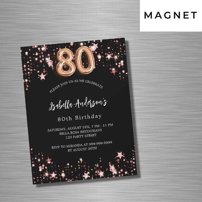 80th birthday black rose gold stars luxury magnetic invitation (Creator Uploaded)