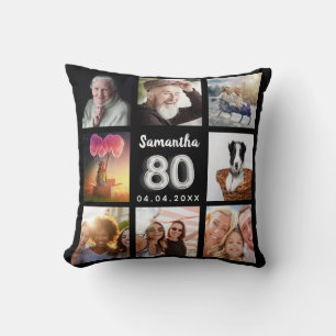 80th birthday black silver custom photo collage cushion