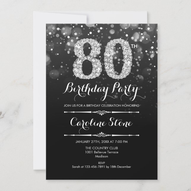 80th Birthday - Black Silver Invitation (Front)