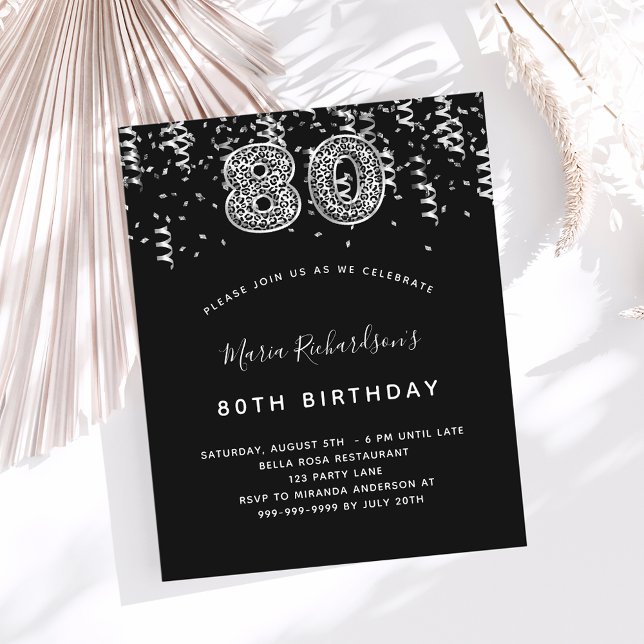 80th birthday black silver leopard invitation (Creator Uploaded)