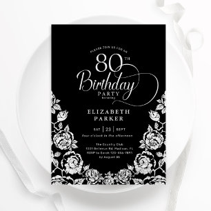 80th Birthday Black Silver Roses Invitation
