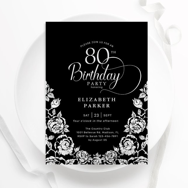 80th Birthday Black Silver Roses Invitation (Creator Uploaded)